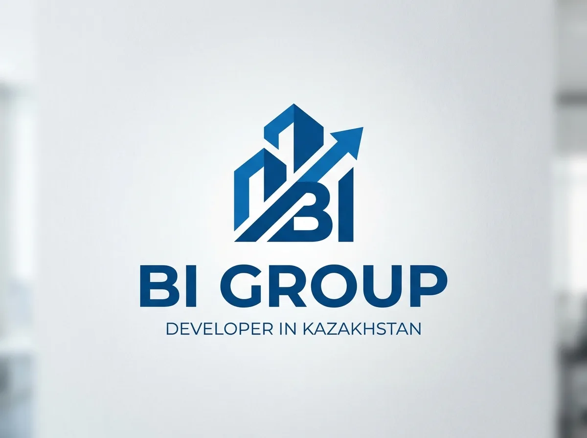 Логотип компании BI Group — крупнейшего застройщика Казахстана, синий и белый корпоративный стиль