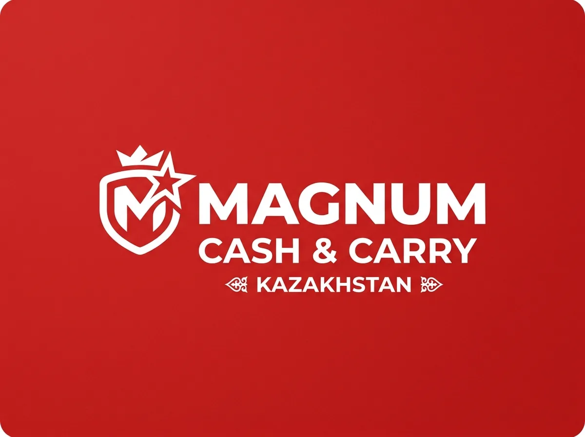 Логотип торговой сети MAGNUM Cash & Carry Казахстан, красный фон с белыми буквами